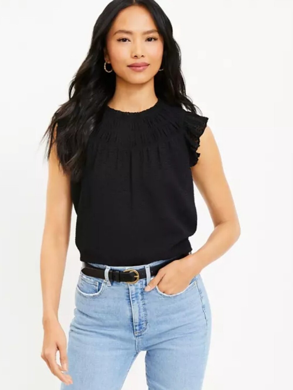 🔷️ LOFT Gathered Yoke Ruffle Shell Black Top Size Medium Excellent Condition